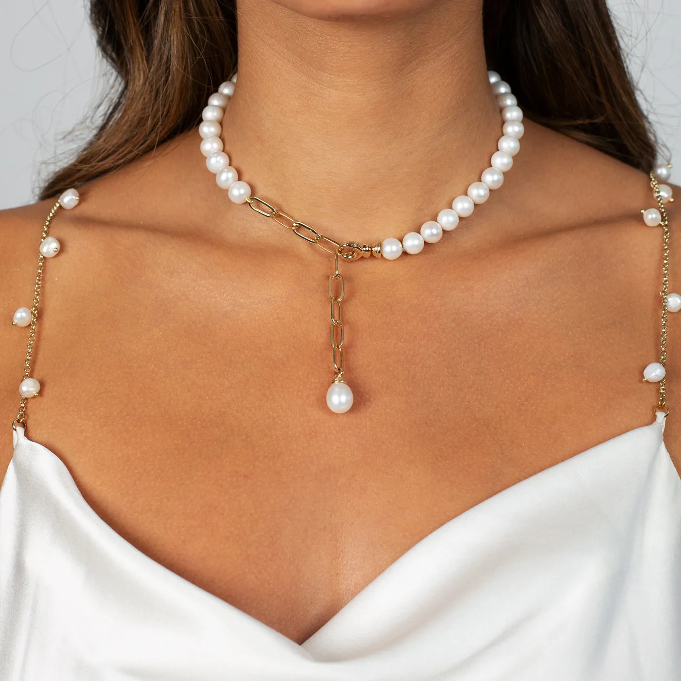 Pearl X Paperclip Chain Lariat Necklace 14K