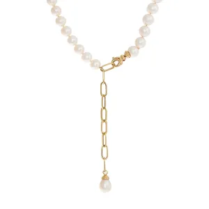 Pearl X Paperclip Chain Lariat Necklace 14K