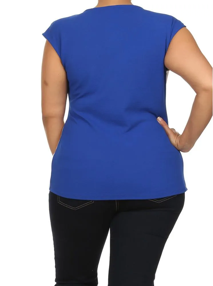 Plus Size Chic Colorblock Surplice Blue Top