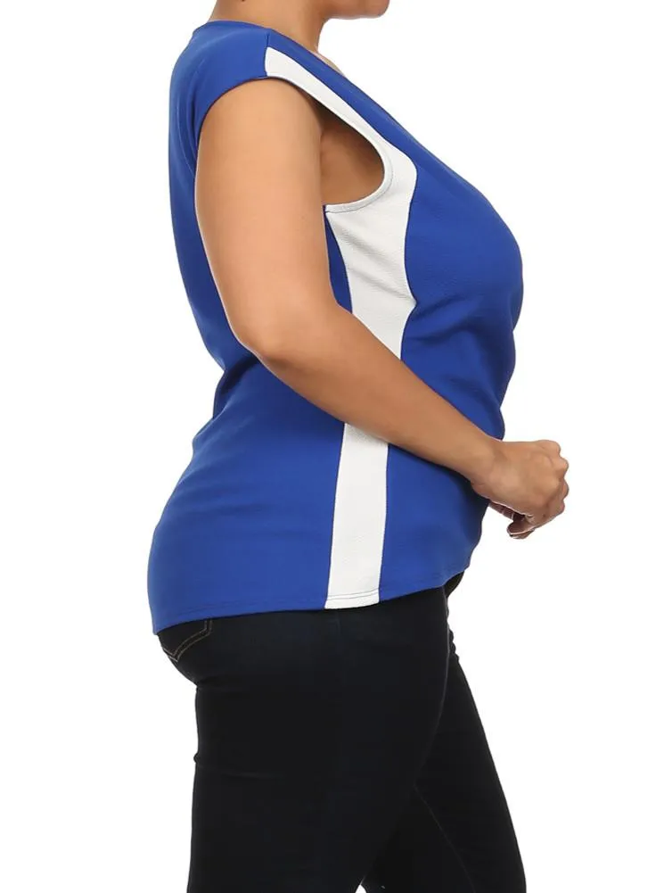 Plus Size Chic Colorblock Surplice Blue Top