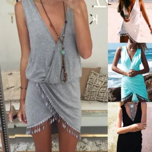 Plus Size Ladies Casual Sleeveless Short Mini Dress Summer Printed ttassel sexy halter dress Mini V-Neck Tassel Dresses
