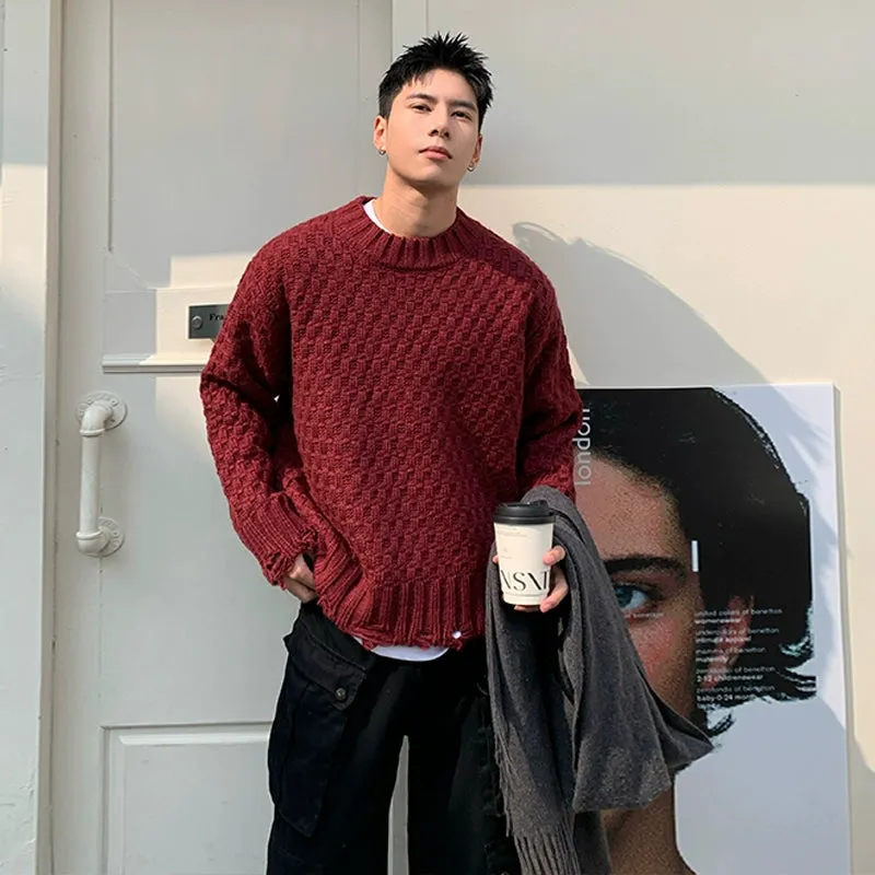 Ripped Hem Woven Jacquard Sweater