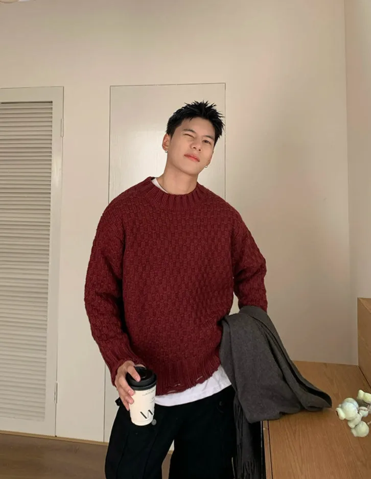 Ripped Hem Woven Jacquard Sweater