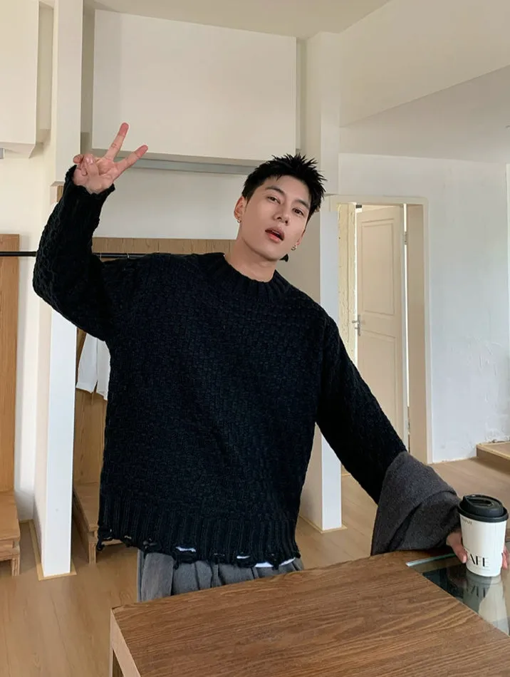 Ripped Hem Woven Jacquard Sweater