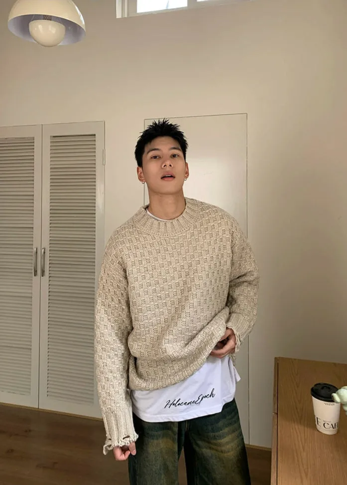 Ripped Hem Woven Jacquard Sweater