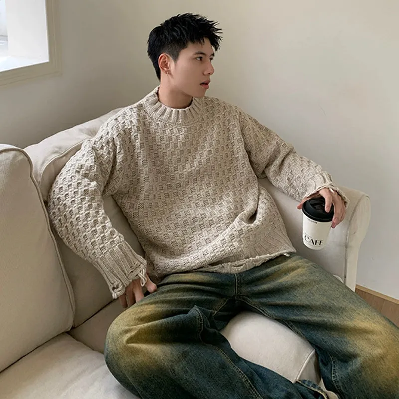 Ripped Hem Woven Jacquard Sweater