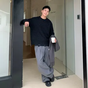 Ripped Hem Woven Jacquard Sweater