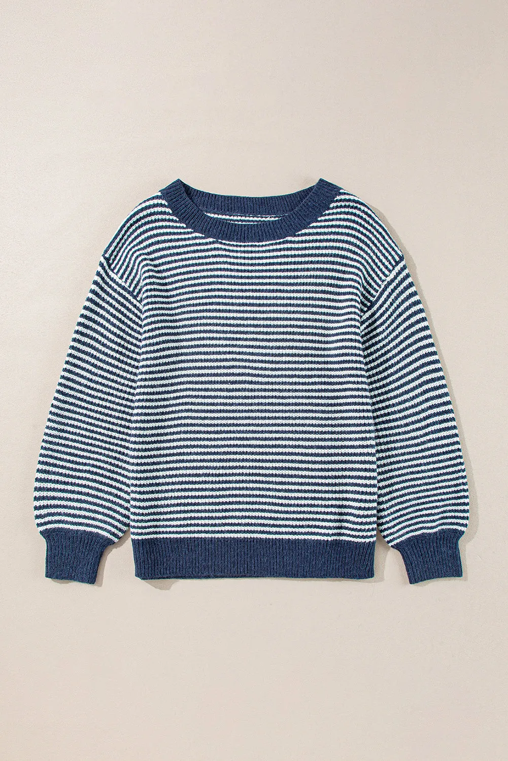 Sail Blue Striped Lantern Sleeve Drop Shoulder Cozy Sweater