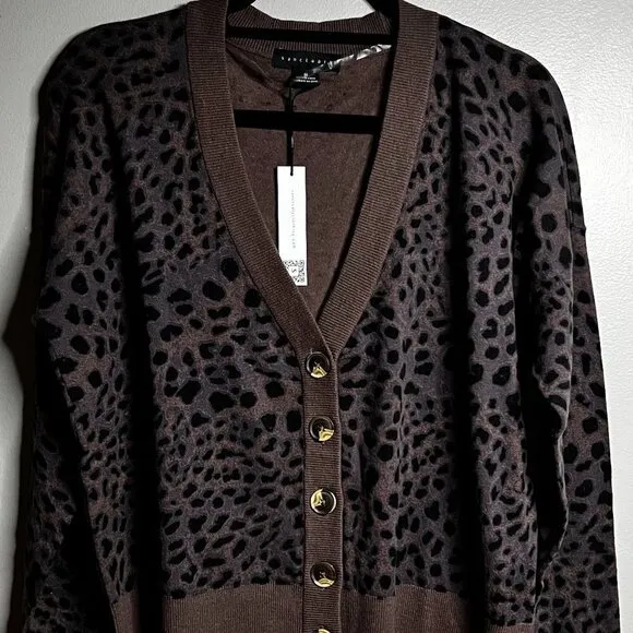 SANCTUARY V-Neck Cotton Blend Cardigan Nature Spots Mink Size M