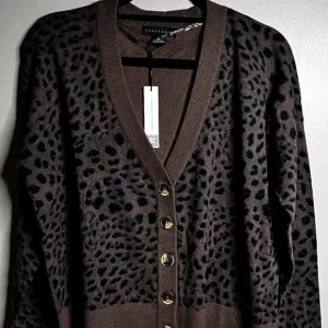 SANCTUARY V-Neck Cotton Blend Cardigan Nature Spots Mink Size M