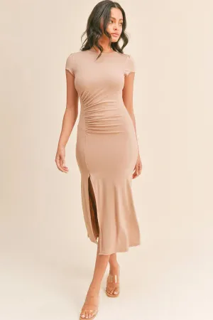 Short Sleeve Shirring Side Slit Midi Dress