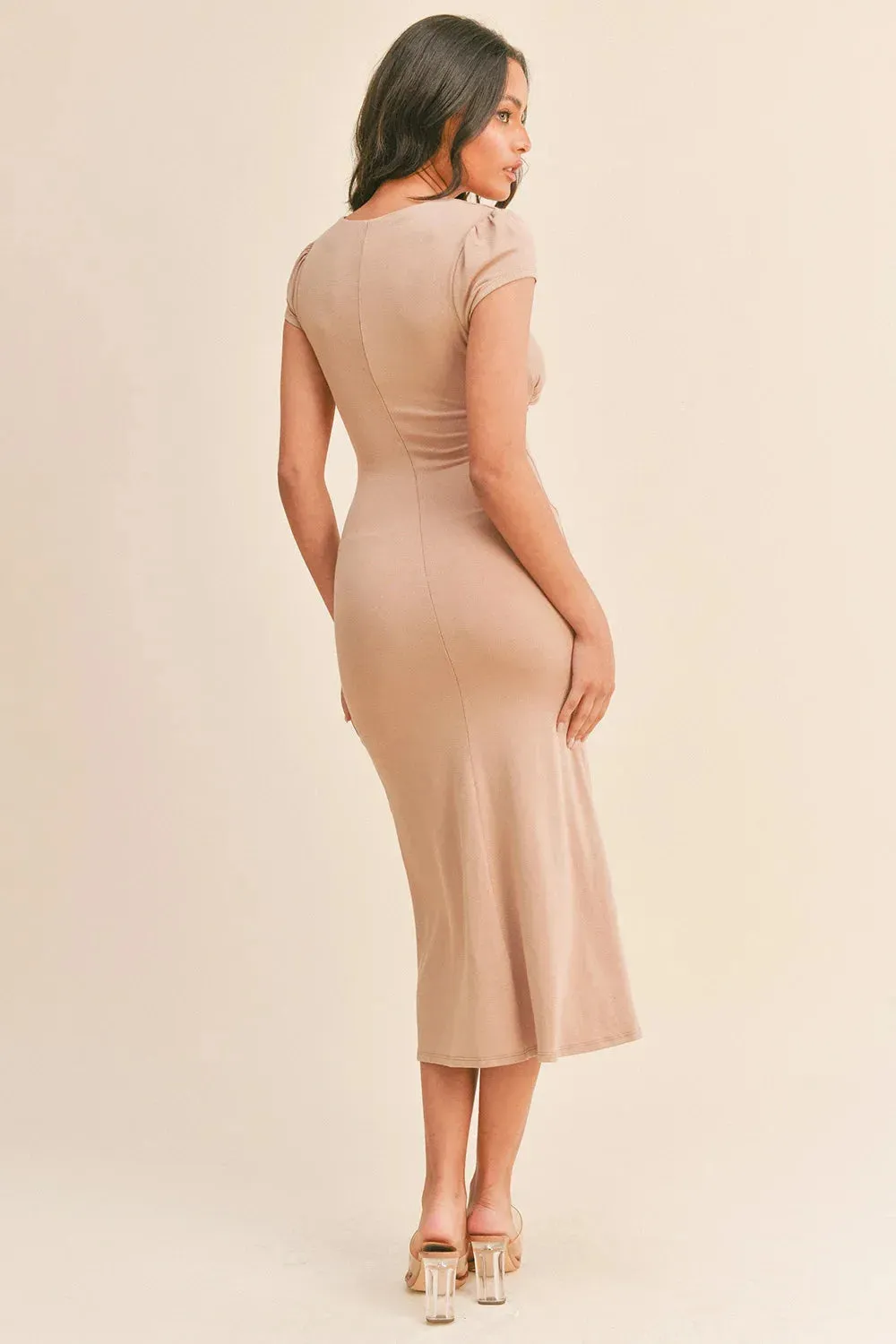 Short Sleeve Shirring Side Slit Midi Dress