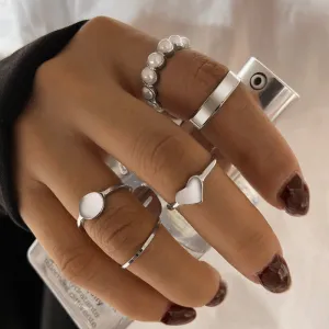 Silver Plated 5 Piece Pearl Heart Circle Plain Ring Set