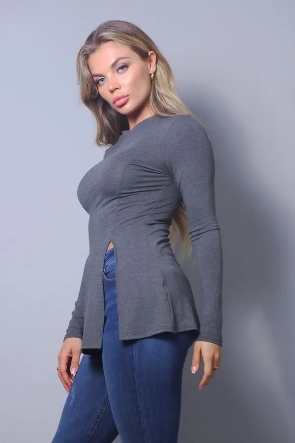 Sleek & Chic Fall Long Sleeve Slitted Top