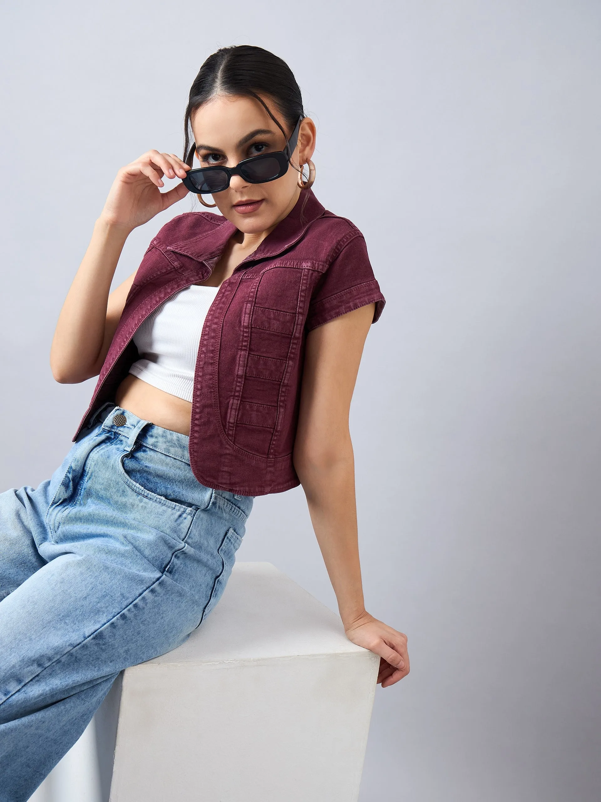 Style Quotient Women Wine Open Front Denim Shrug