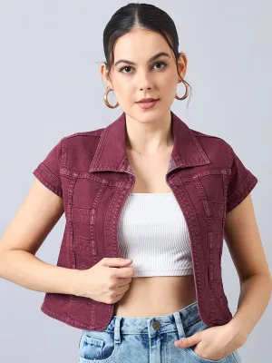 Style Quotient Women Wine Open Front Denim Shrug