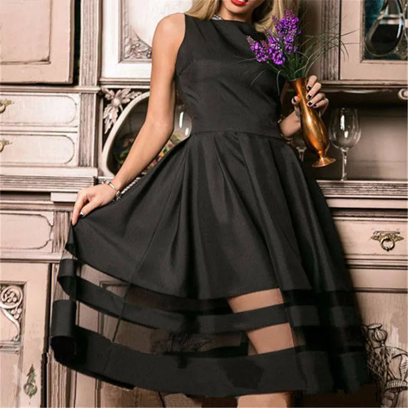 Summer Women Sleeveless Dress Vintage Mesh Patchwork Prom Maxi Dresses