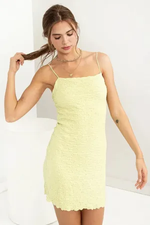 Textured Woven Crinkle Fabric Scalloped Hem Spaghetti Strap Mini Dress