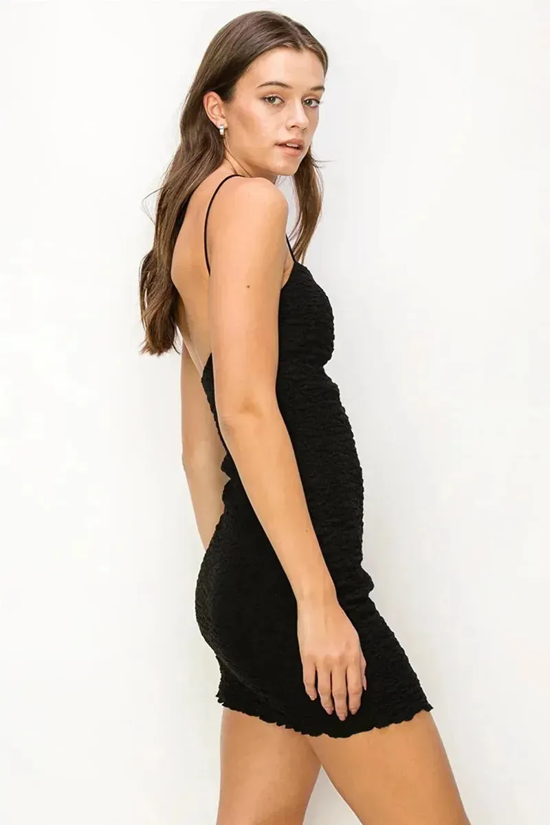 Textured Woven Crinkle Fabric Scalloped Hem Spaghetti Strap Mini Dress