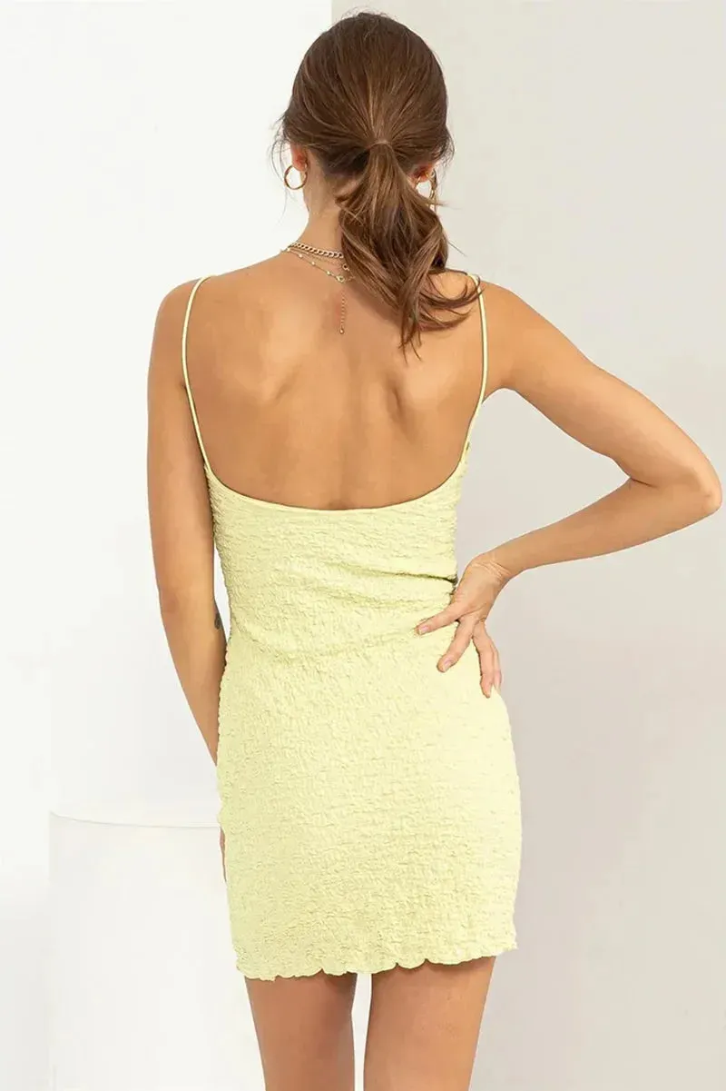 Textured Woven Crinkle Fabric Scalloped Hem Spaghetti Strap Mini Dress