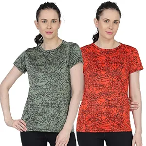 URBAN CIRCUS Polyester Women's Round Neck Half Sleeve Yoga Gym Sports Dryfit Active Wear T Shirt (Green and Orange Combo, Large)