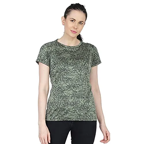 URBAN CIRCUS Polyester Women's Round Neck Half Sleeve Yoga Gym Sports Dryfit Active Wear T Shirt (Green and Orange Combo, Large)