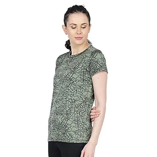 URBAN CIRCUS Polyester Women's Round Neck Half Sleeve Yoga Gym Sports Dryfit Active Wear T Shirt (Green and Orange Combo, Large)