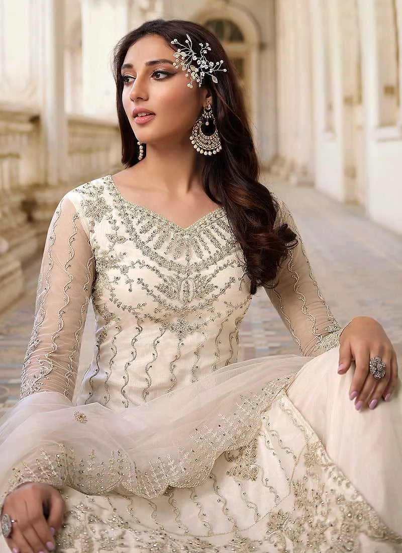 White Heavy Embroidered Stylish Palazzo Suit