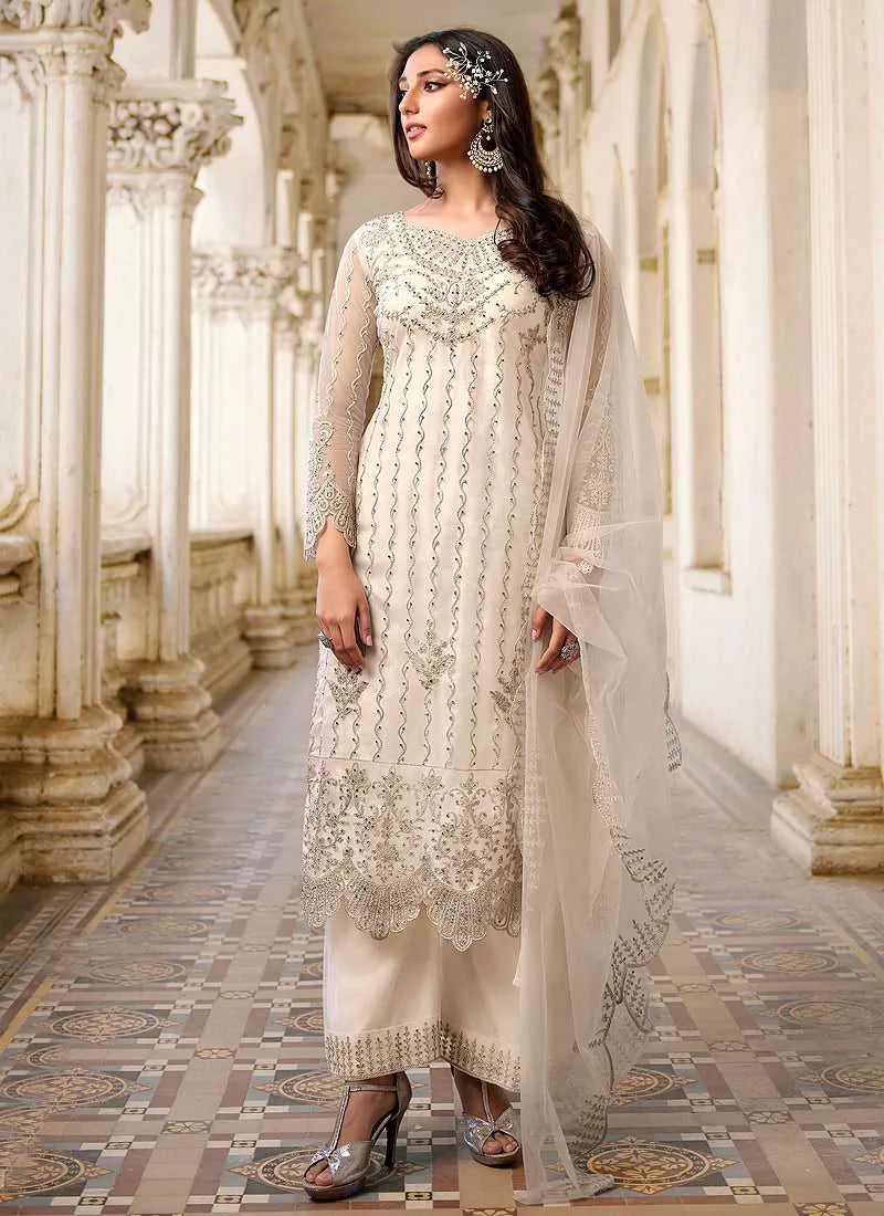 White Heavy Embroidered Stylish Palazzo Suit
