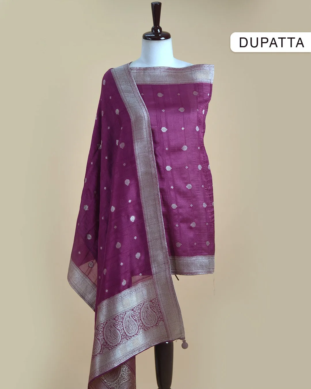Wine Silk Blend Woven With Embroidery Unstitched Suit Fabric Set With Silk Woven Dupatta
