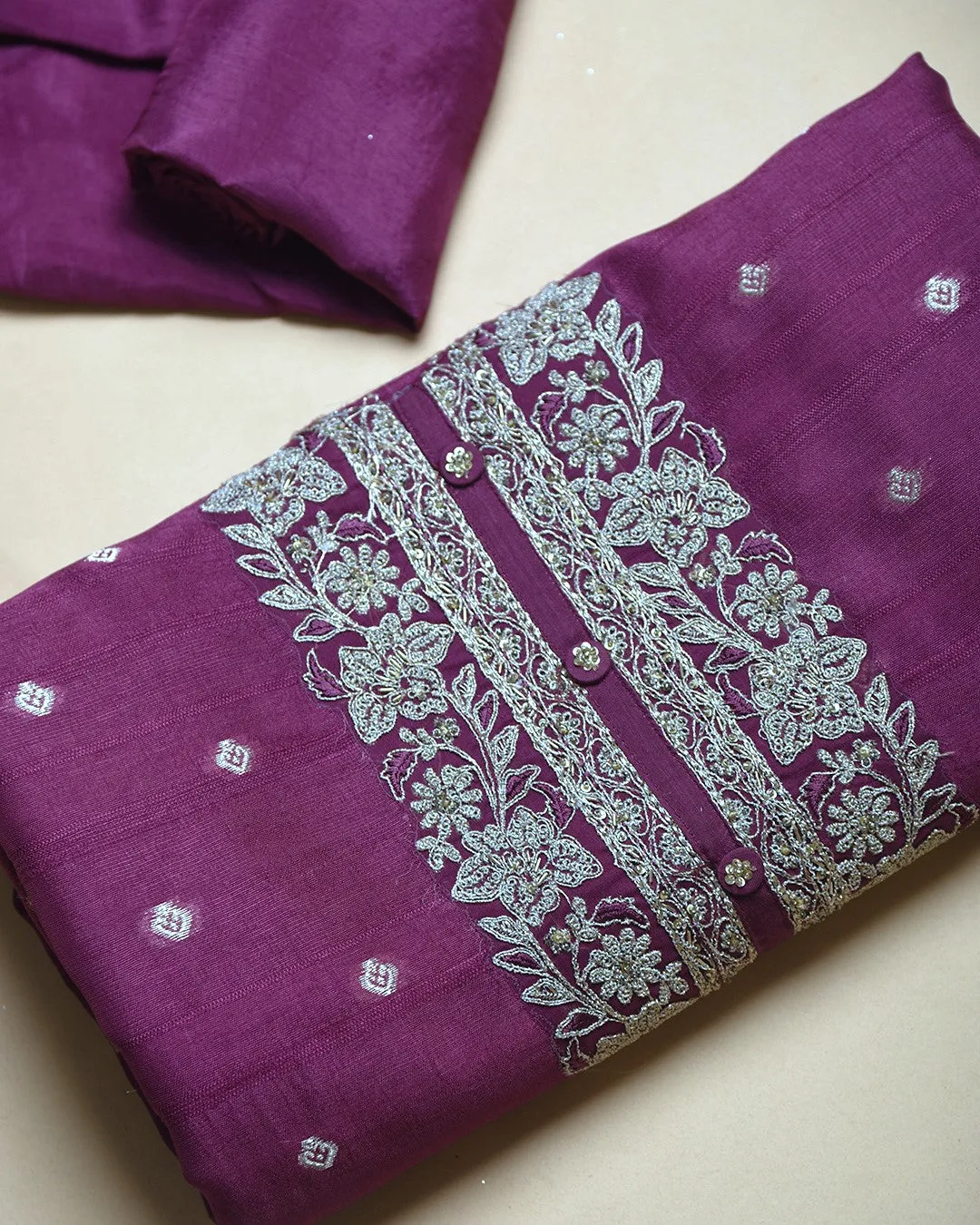 Wine Silk Blend Woven With Embroidery Unstitched Suit Fabric Set With Silk Woven Dupatta