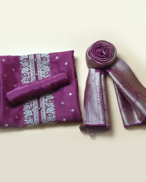 Wine Silk Blend Woven With Embroidery Unstitched Suit Fabric Set With Silk Woven Dupatta