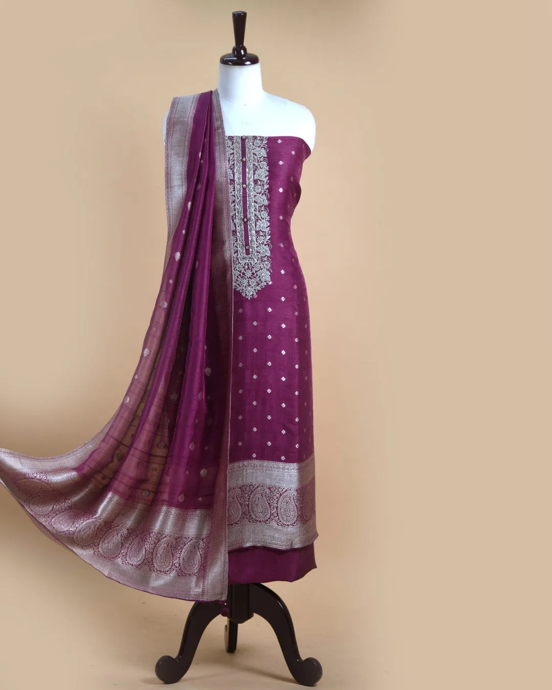 Wine Silk Blend Woven With Embroidery Unstitched Suit Fabric Set With Silk Woven Dupatta