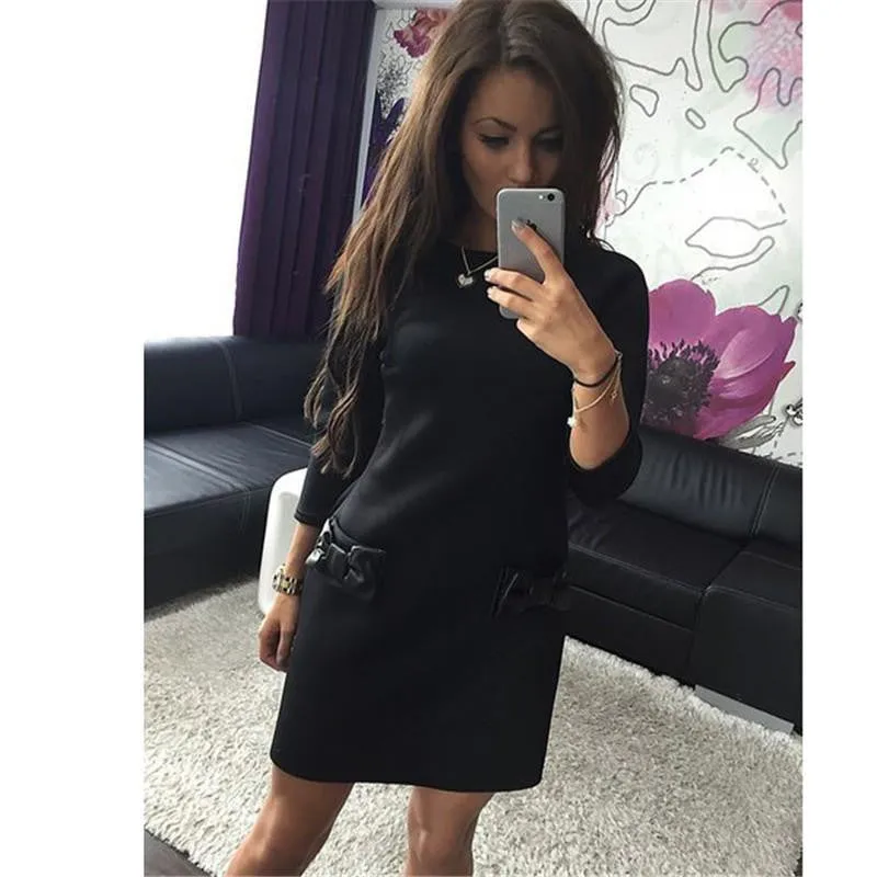 Winter Straight Plus Size Mini Dress Arrival Women Pockets bow Bottoming Casual Three Quarter Sleeves Solid Dress LJ1214M