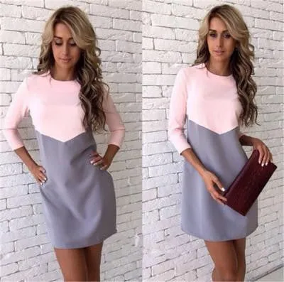 Women Casual Patchwork Mini Dress Autumn Winter O-Neck Three Quarter Sleeve Bodycon Dress GV397