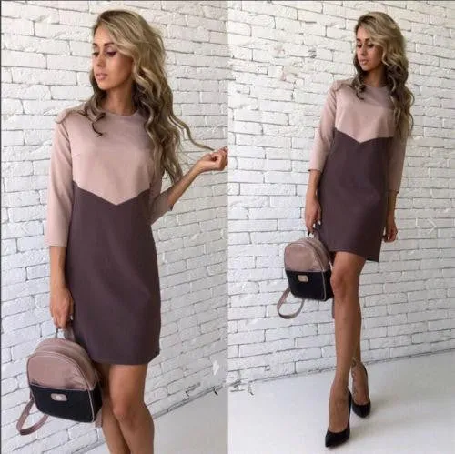Women Casual Patchwork Mini Dress Autumn Winter O-Neck Three Quarter Sleeve Bodycon Dress GV397