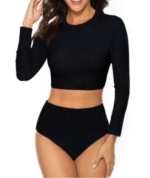 Womens Black 2 Piece Sun Protection Bikini Swimwear