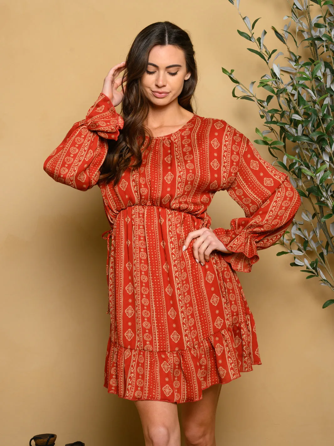 WOMEN'S LONG SLEEVE WOVEN MINI DRESS