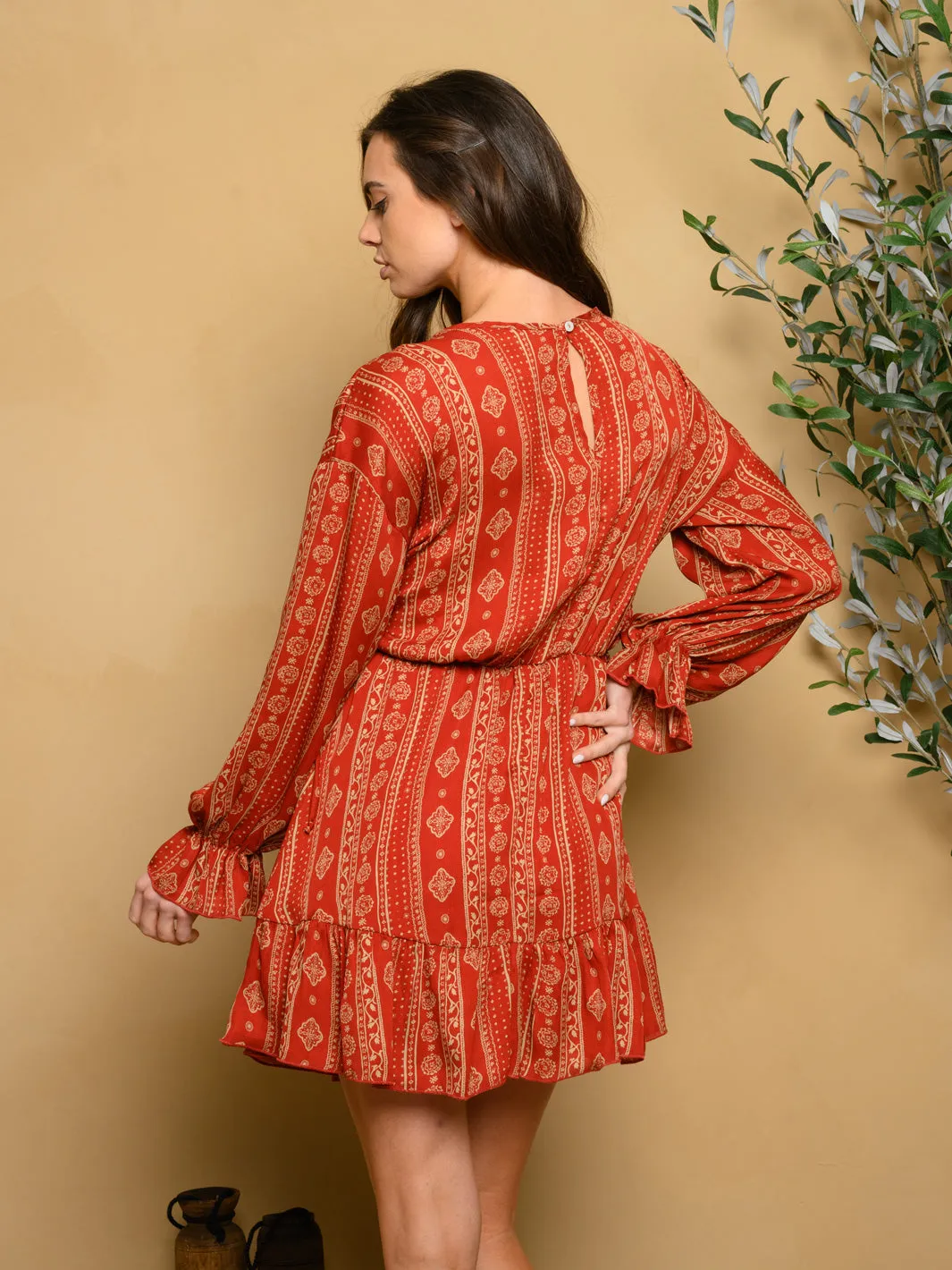 WOMEN'S LONG SLEEVE WOVEN MINI DRESS